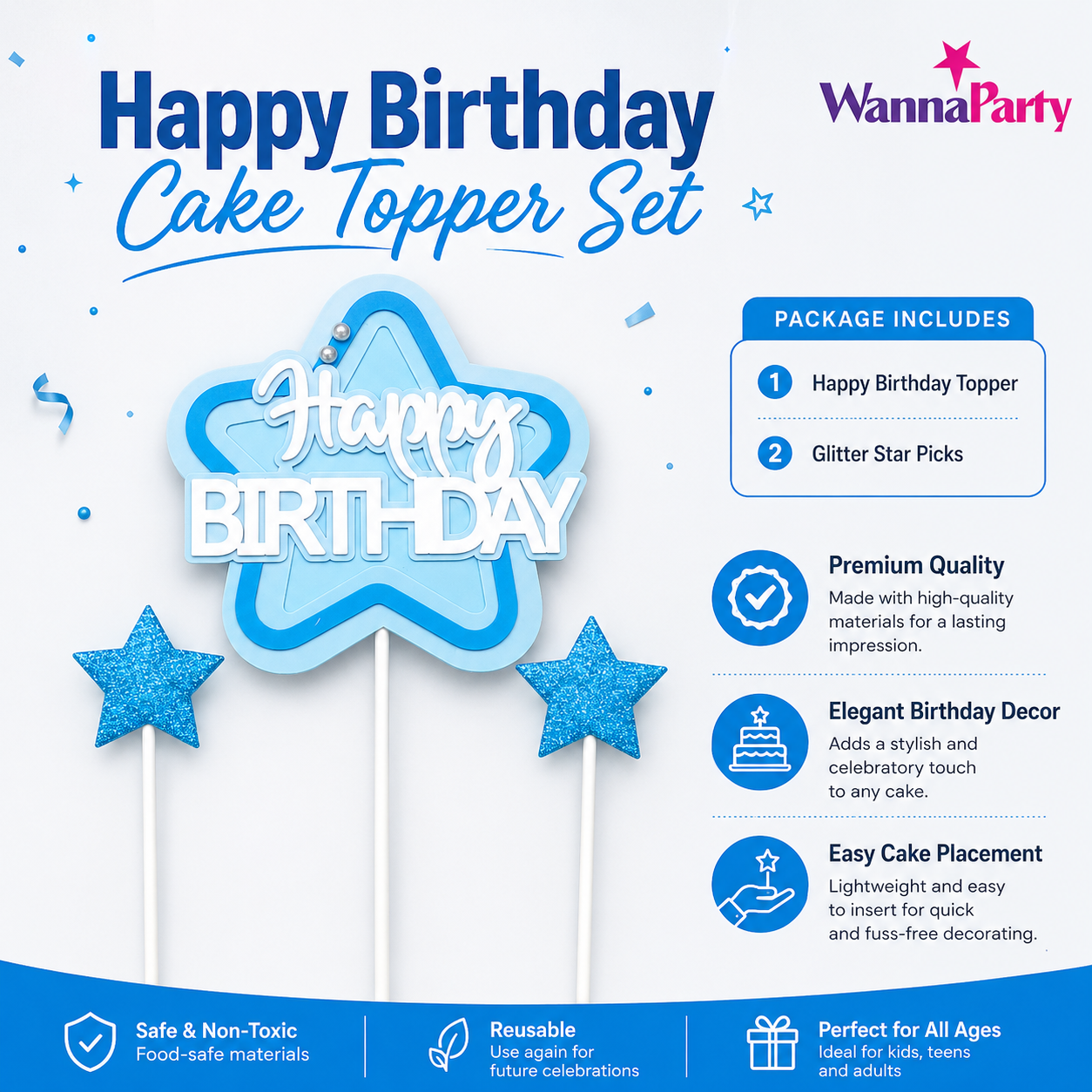 Happy Birthday Cake Topper Set of 3, Blue Star Birthday Pick with 2 Glitter Star Picks, Cake Decoration for Kids, Adults, Party Cakes, Cupcakes & Dessert Table - 3PC