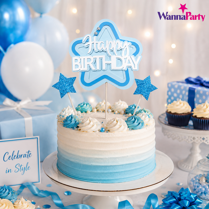 Happy Birthday Cake Topper Set of 3, Blue Star Birthday Pick with 2 Glitter Star Picks, Cake Decoration for Kids, Adults, Party Cakes, Cupcakes & Dessert Table - 3PC