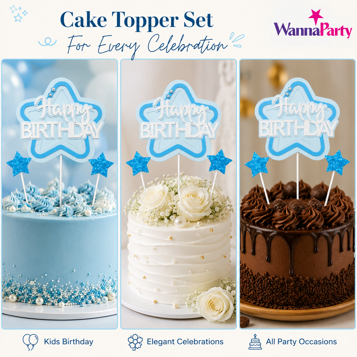 Happy Birthday Cake Topper Set of 3, Blue Star Birthday Pick with 2 Glitter Star Picks, Cake Decoration for Kids, Adults, Party Cakes, Cupcakes & Dessert Table - 3PC