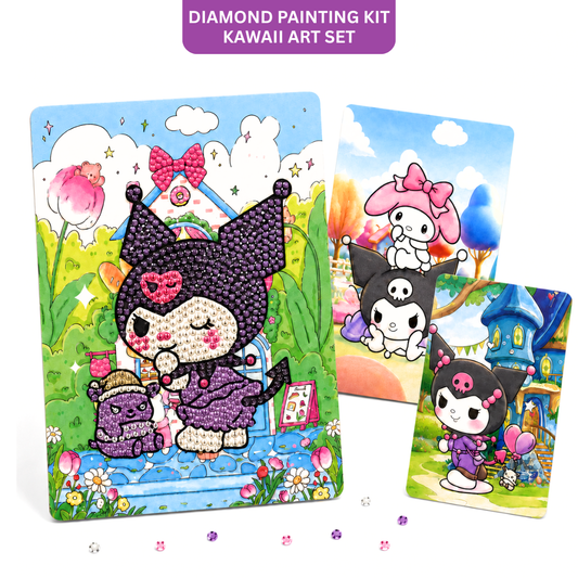 Diamond Painting & Watercolour 2-in-1 Art Kit, Kawaii Inspired Kuromi Character in Park Design with 2 Colouring Posters, Mini Tripod Stand, Paints, Brush, Beads & Craft Tools - 1 Set
