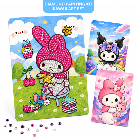 Diamond Painting & Watercolour Art 2-in-1 Kit, Kawaii Inspired MyMelody Character in Park Design with 2 Colouring Posters, Mini Tripod Stand, Paints, Brush, Beads & Craft Tools - 1 Set