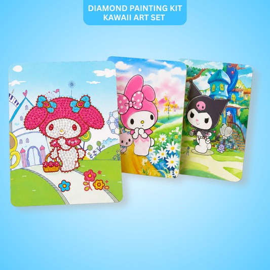 Diamond Painting & Watercolour Art 2-in-1 Kit, Kawaii Mymelody Inspired Cinnamon Character in Park Design with 2 Colouring Posters, Mini Tripod Stand, Paints, Brush, Beads & Craft Tools - 1 Set