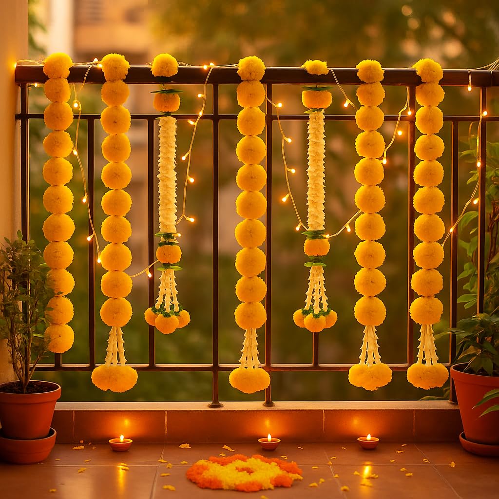 Atrtificial Yellow Marigold and White Mogra Garlands Hanging Backdrop Decorations Set of 7