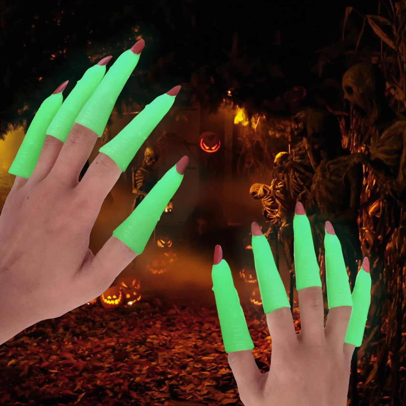 Glow in the Dark Witch Fingers Zombie Witch Nails for Spooky Scary Halloween Costumes Cosplay Set of 10