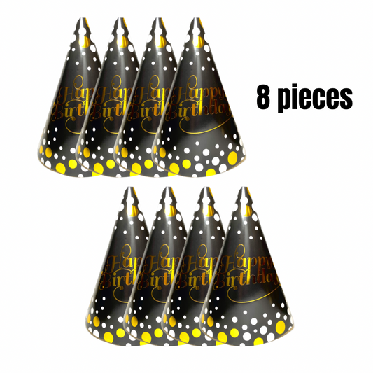 Happy Birthday Golden Polka Black Hats - 8PC