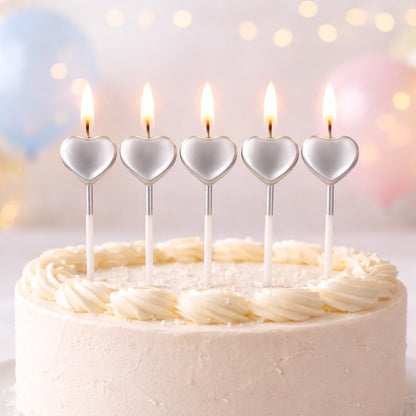 Glossy Silver Heart Shape Candle on Stick - 5PC