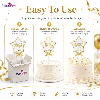 Birthday Star Cake Topper, White & Gold Star Design with Bead Border & Bow | Birthday Cake Decoration Kit for Kids, Adults, Party Cakes & Dessert Table – 1PC