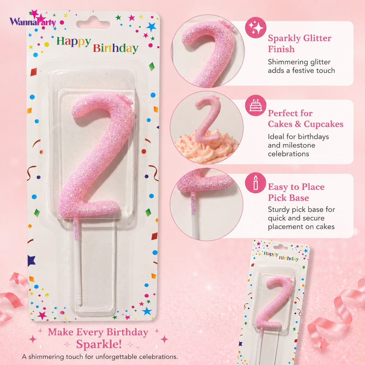 Glitter Designer Pink Candle Number 2 | Cake Candles