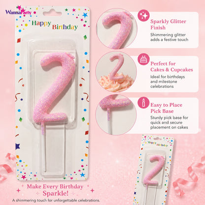 Glitter Designer Pink Candle Number 2 | Cake Candles
