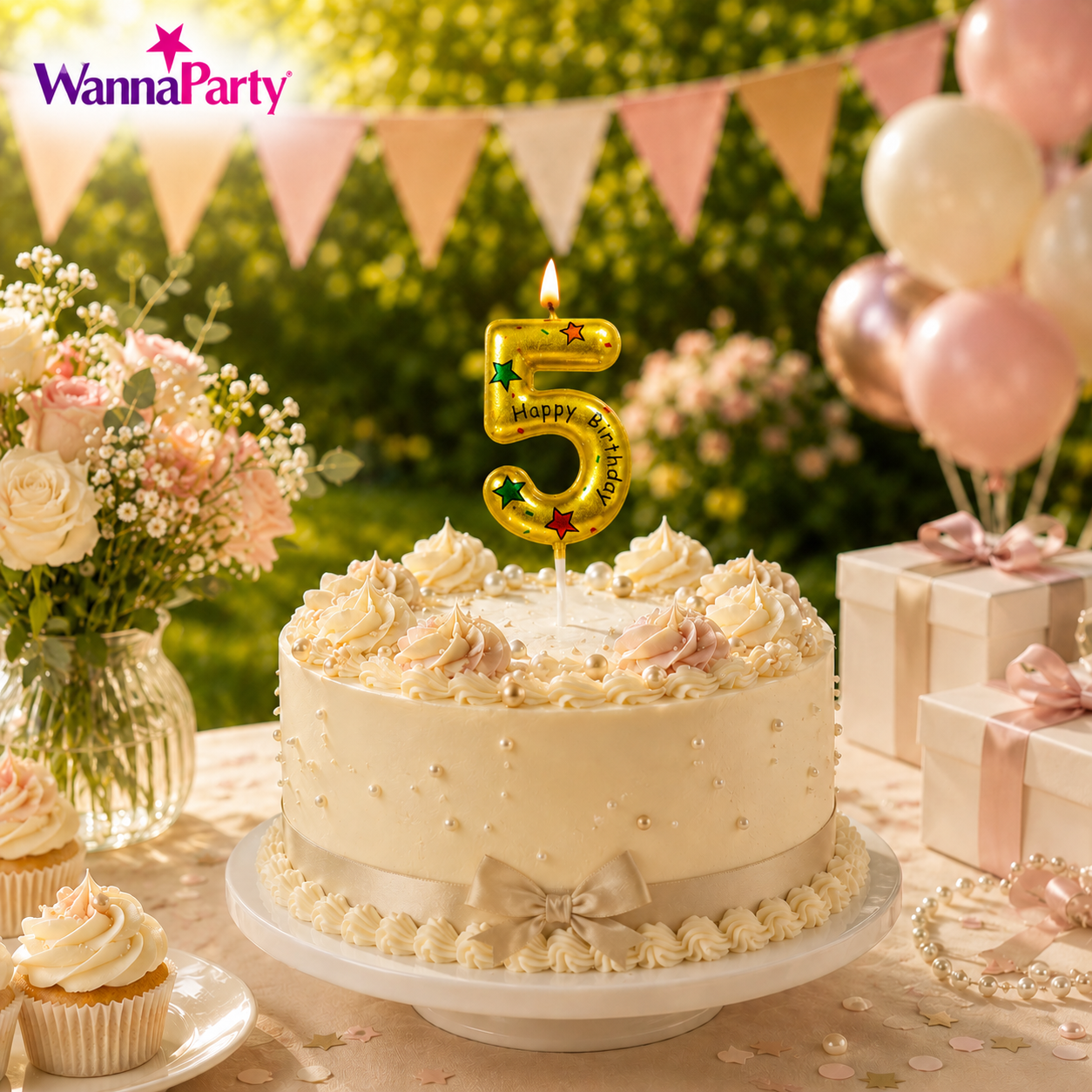 Golden Color Happy Birthday Printed Candle Number 5