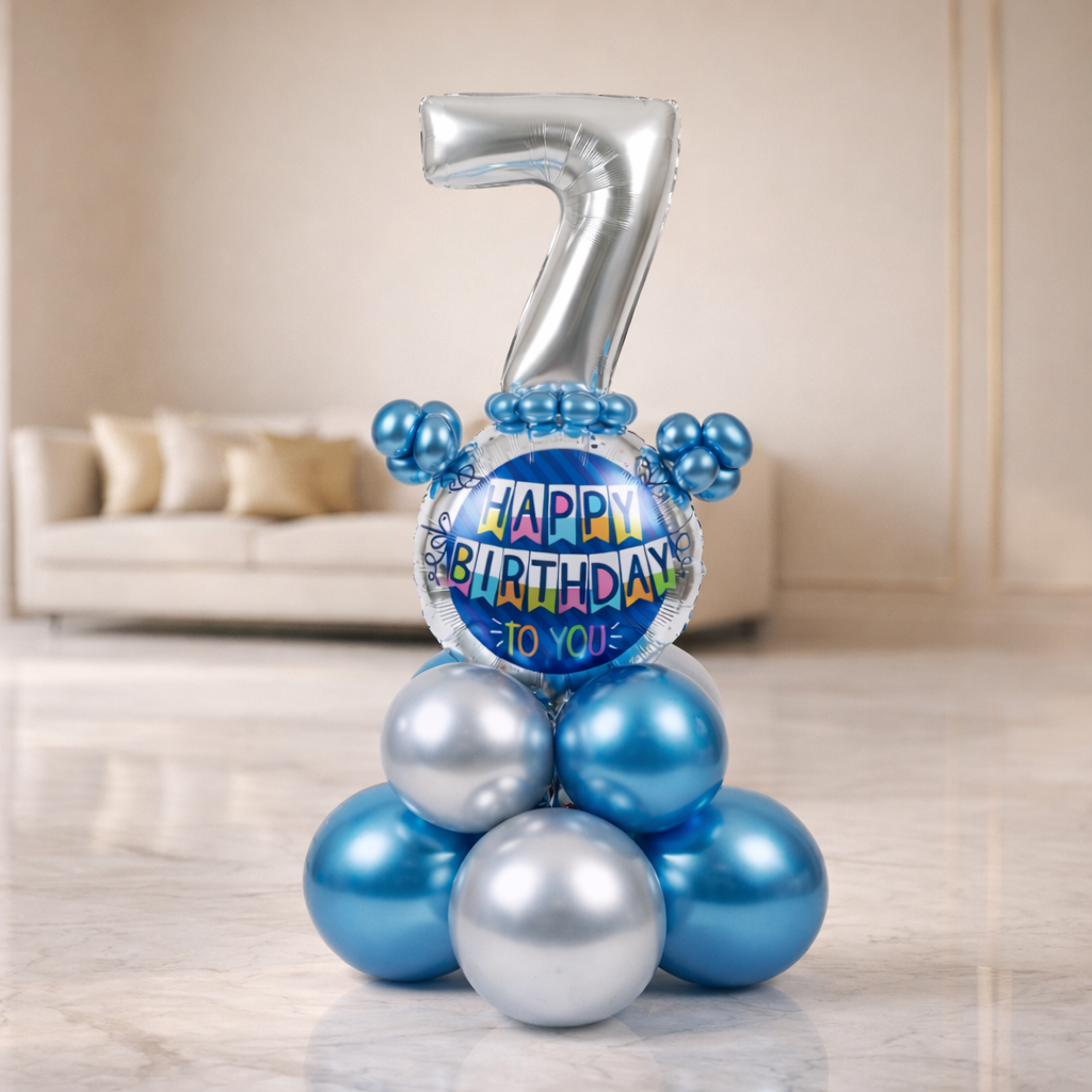 Designer Blue & Silver Balloon Bouquet Arrangement for 7th Birthday