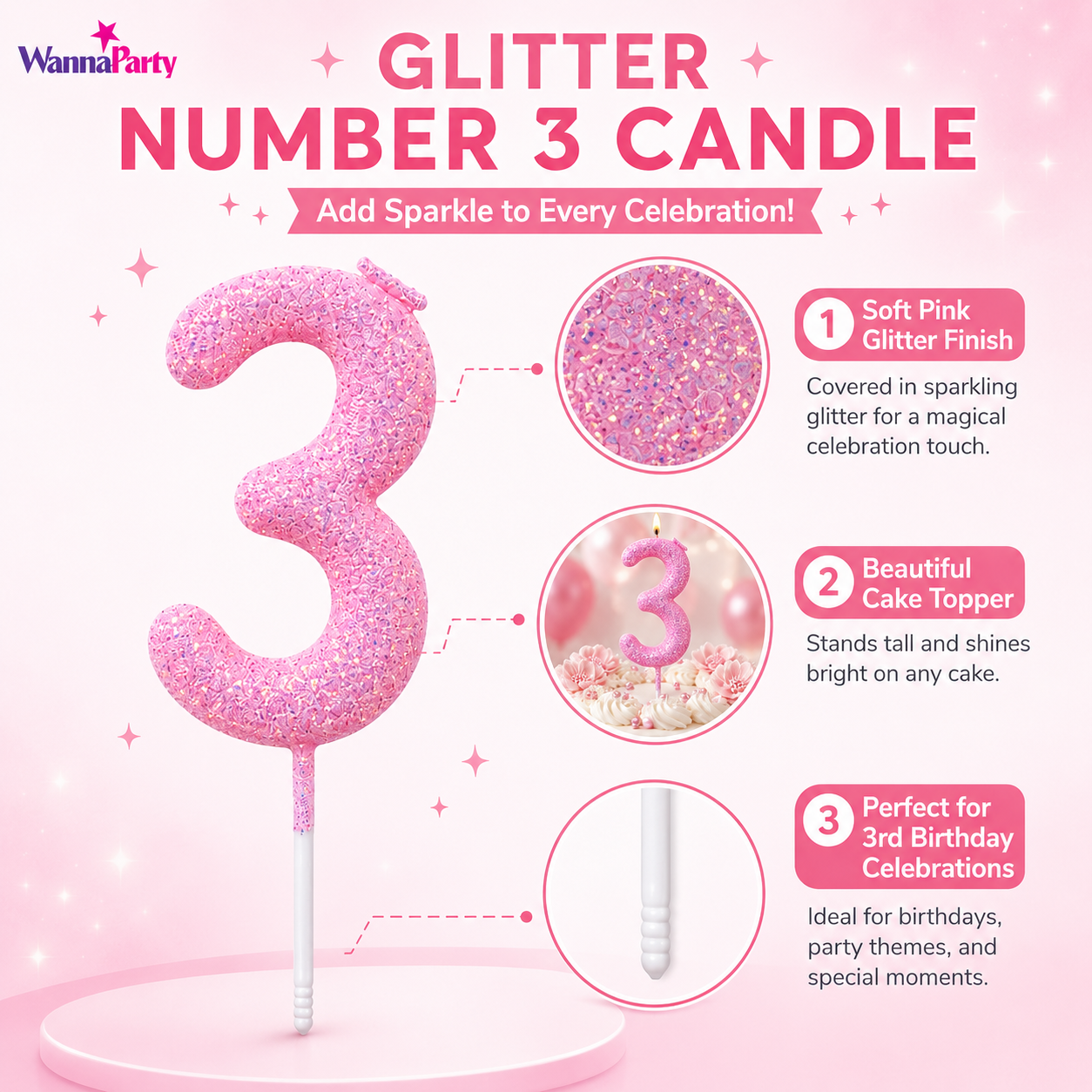 Glitter Designer Pink Candle Number 3 | Cake Candles