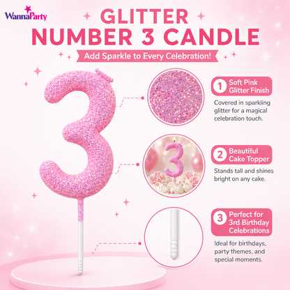 Glitter Designer Pink Candle Number 3 | Cake Candles