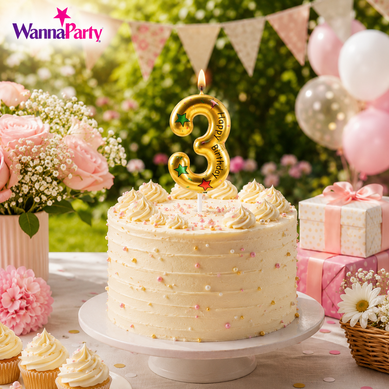 Golden Color Happy Birthday Printed Candle Number 3
