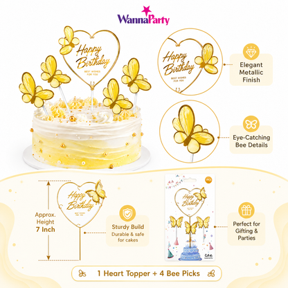 Happy Birthday Cake Topper with Yellow Butterflies - 5PC