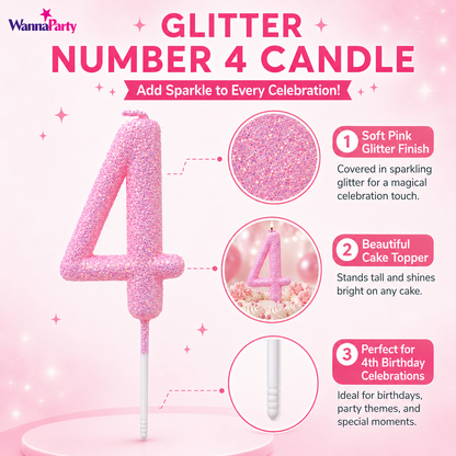 Glitter Designer Pink Candle Number 4 | Cake Candles