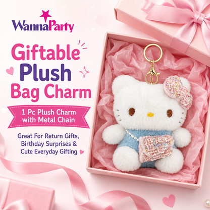 Pink Hello Kitty Plushy Key Chain | Cute Kawaii Pink Cat Plush Keychain | Soft Bag Charm with Blue Bow & Mini Purse, Gold Metal Chain for Backpack, Handbag, Keys, Birthday Return Gift & Party Favor – 1PC
