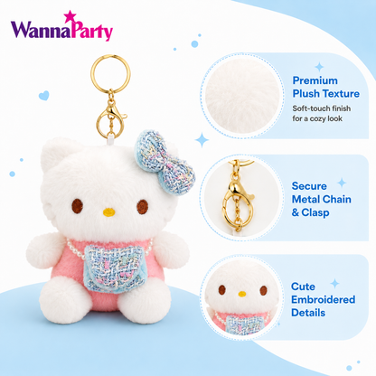 Blue Hello Kitty Plushy Key Chain | Cute Kawaii Blue Cat Plush Keychain | Soft Bag Charm with Blue Bow & Mini Purse, Gold Metal Chain for Backpack, Handbag, Keys, Birthday Return Gift & Party Favor – 1PC
