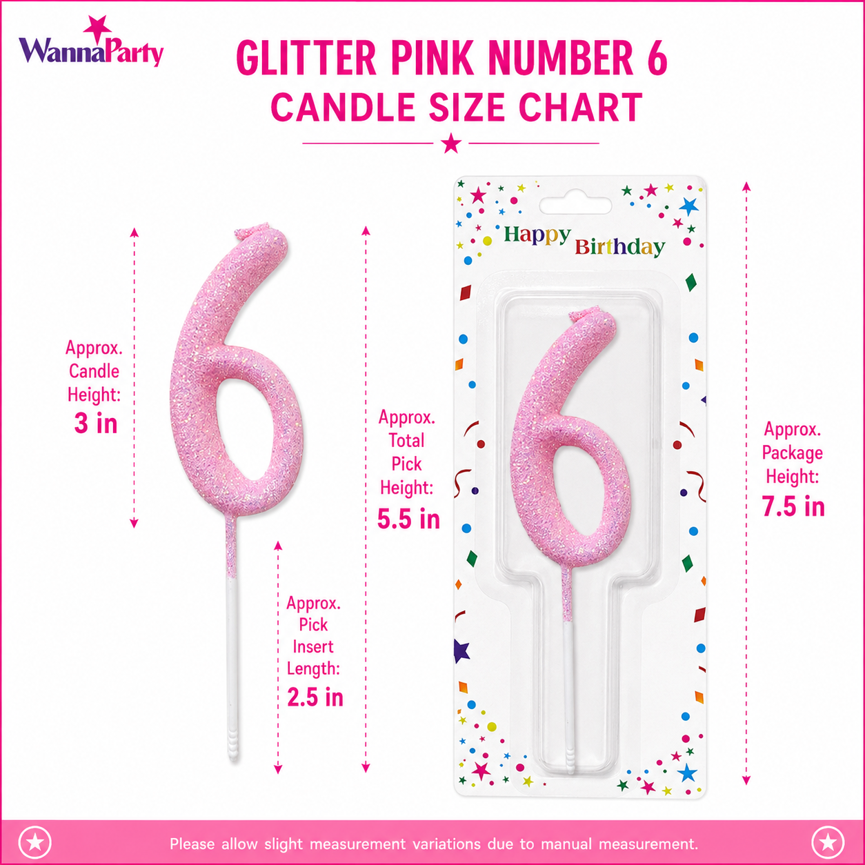 Glitter Designer Pink Candle Number 6 | Cake Candles