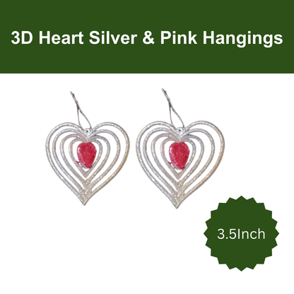 CTO 3D Silver & Pink Heart Hanging Christmas Decorations - 2pc