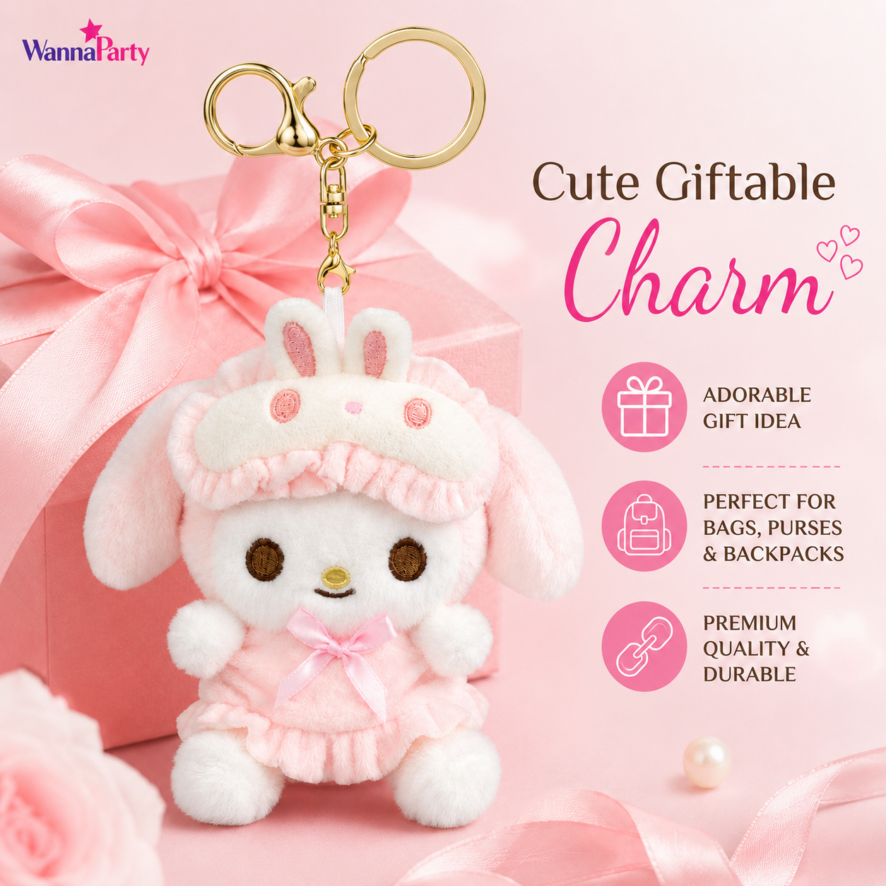 My Melody Cute Kawaii Plush Keychain, Soft Pink Bunny | Hood Character Bag Charm with Gold Metal Chain, Backpack, Handbag, Keys, Birthday Return Gift & Party Favor – 1PC