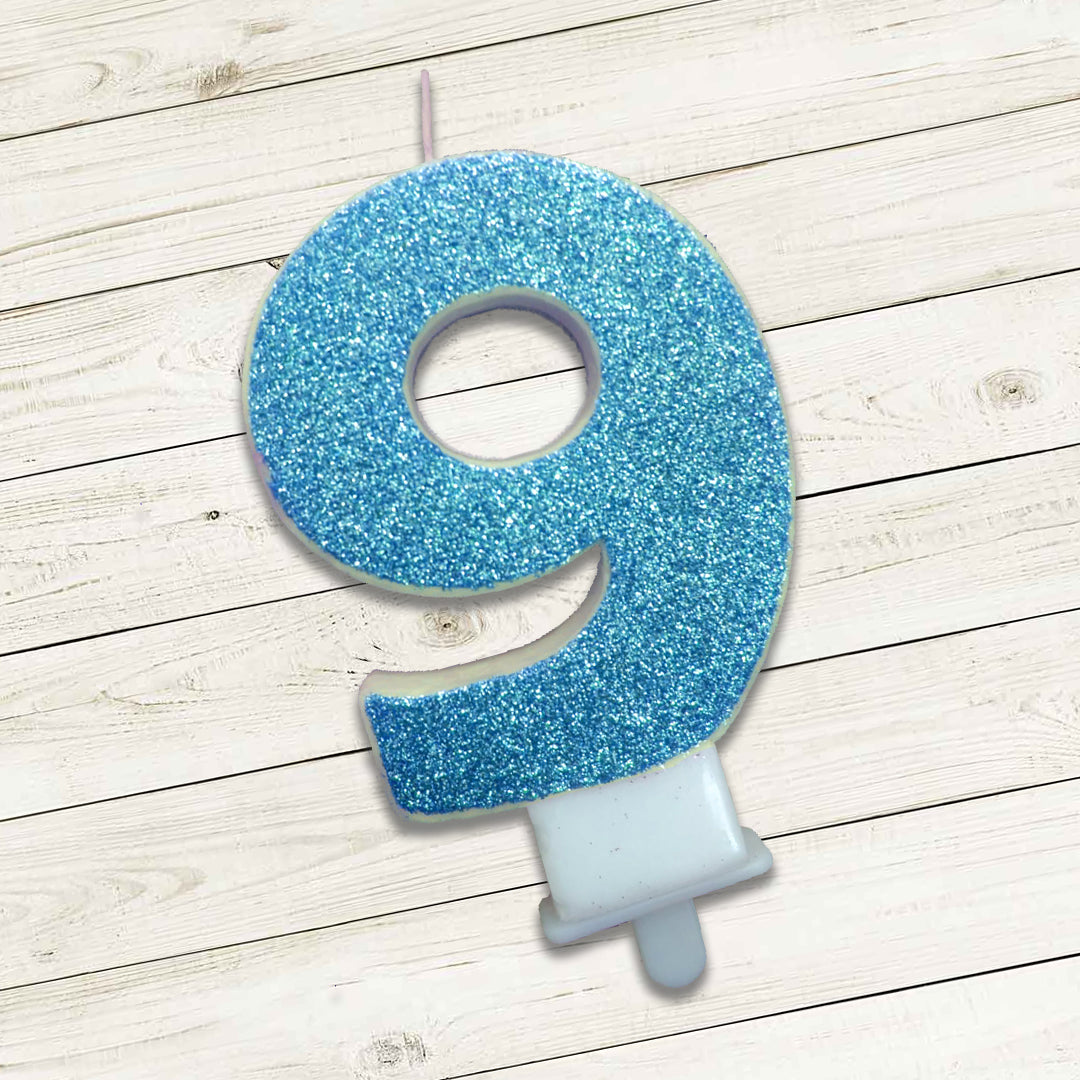 Number 9 Blue Glitter Birthday Candle - 1PC