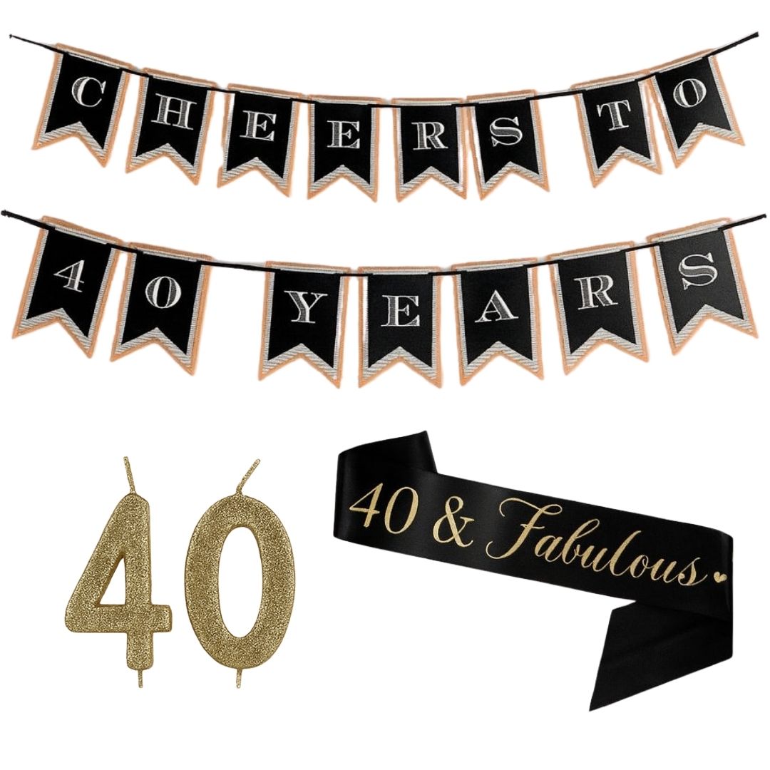 40th Birthday Banner, Sash and Candle - Set of 3