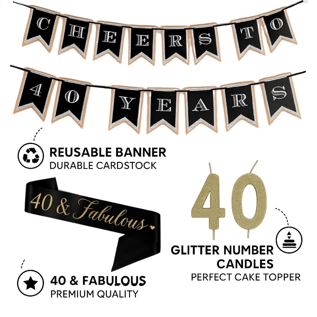 40th Birthday Banner, Sash and Candle - Set of 3