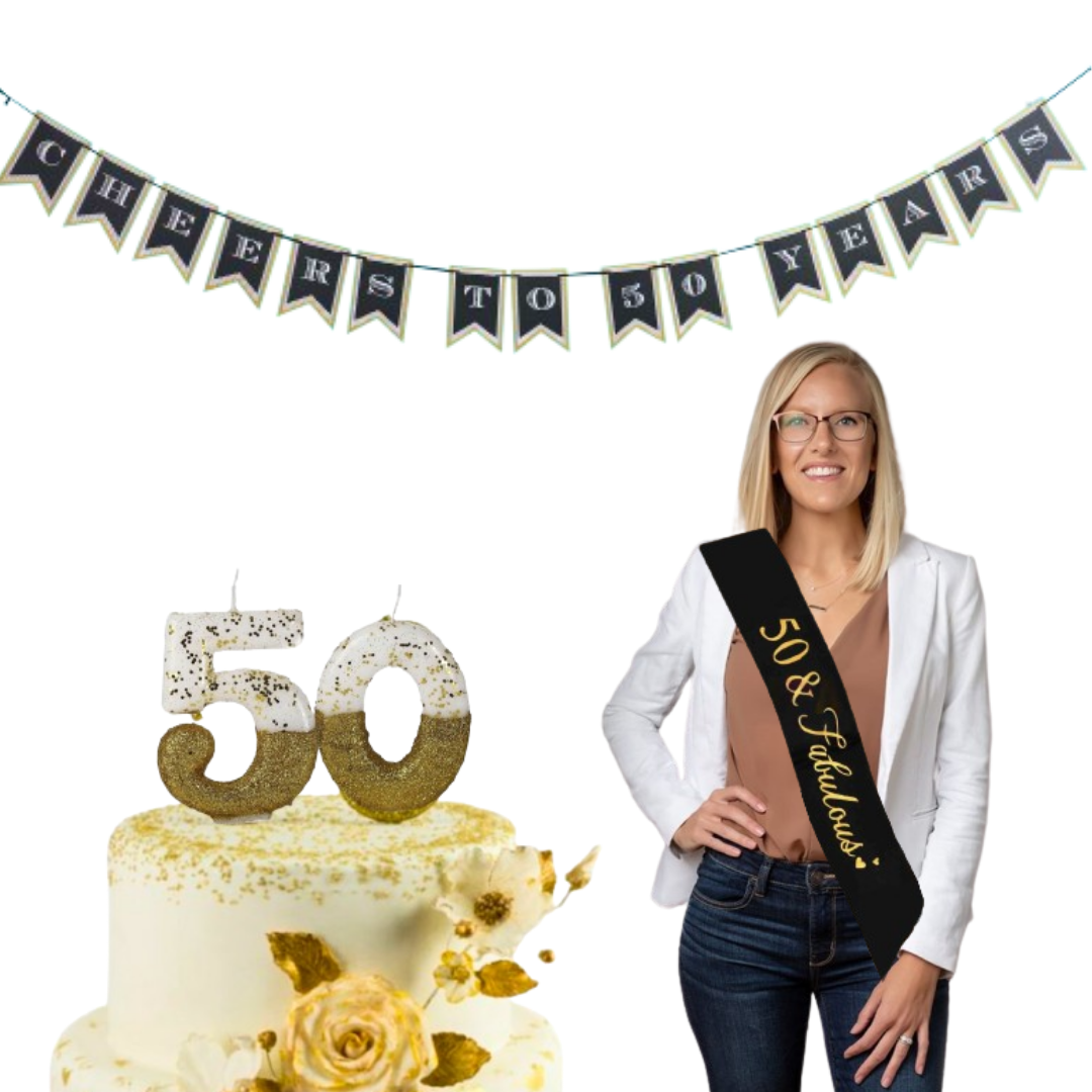 Happy 50th Birthday Decor Black & Golden Hanging Banner, Sash & Candle  - 3PC