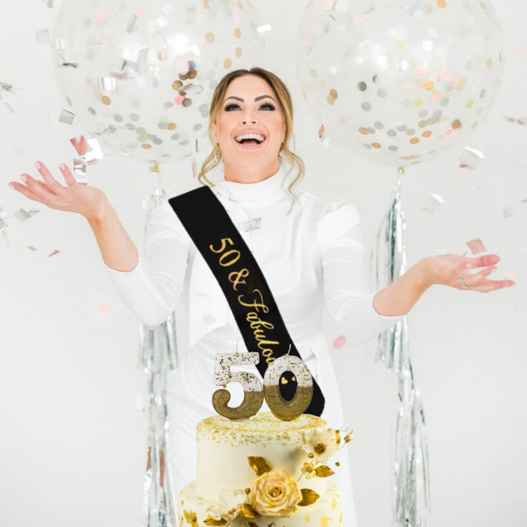 Happy 50th Birthday Decor Black & Golden Hanging Banner, Sash & Candle  - 3PC