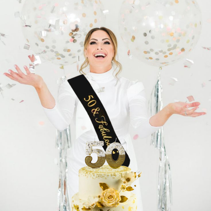 Happy 50th Birthday Decor Black & Golden Hanging Banner, Sash & Candle  - 3PC