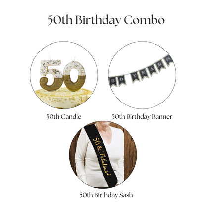 Happy 50th Birthday Decor Black & Golden Hanging Banner, Sash & Candle  - 3PC
