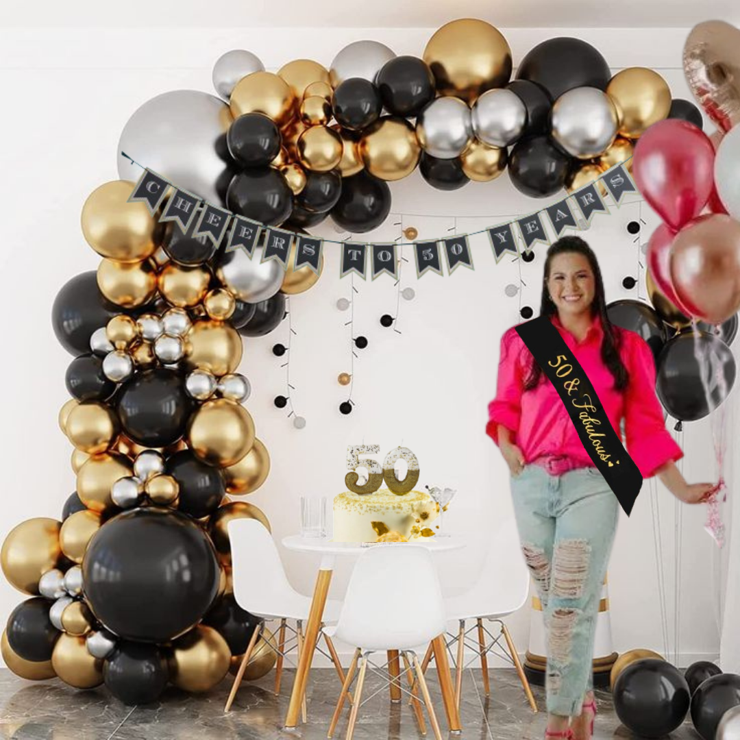 Happy 50th Birthday Decor Black & Golden Hanging Banner, Sash & Candle  - 3PC