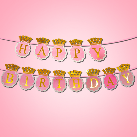 Happy Birthday Pink Banner with Golden Crown for Girls - 10FT - 1PC