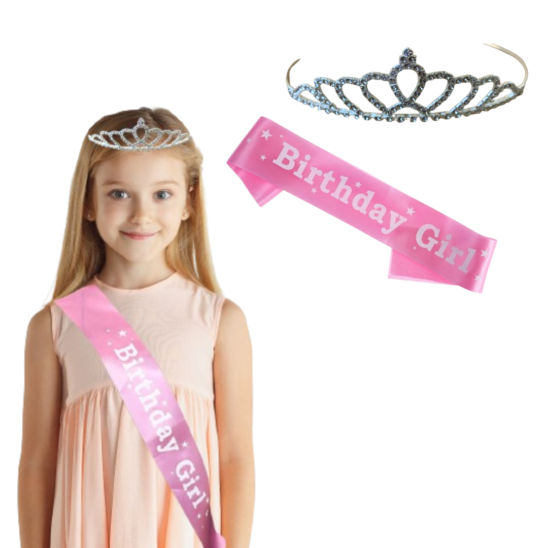 Silver Plated Crystal Tiara Crown With pink Sash For Baby Girls 2 pcs Combo