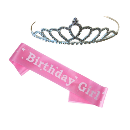 Silver Plated Crystal Tiara Crown With pink Sash For Baby Girls 2 pcs Combo