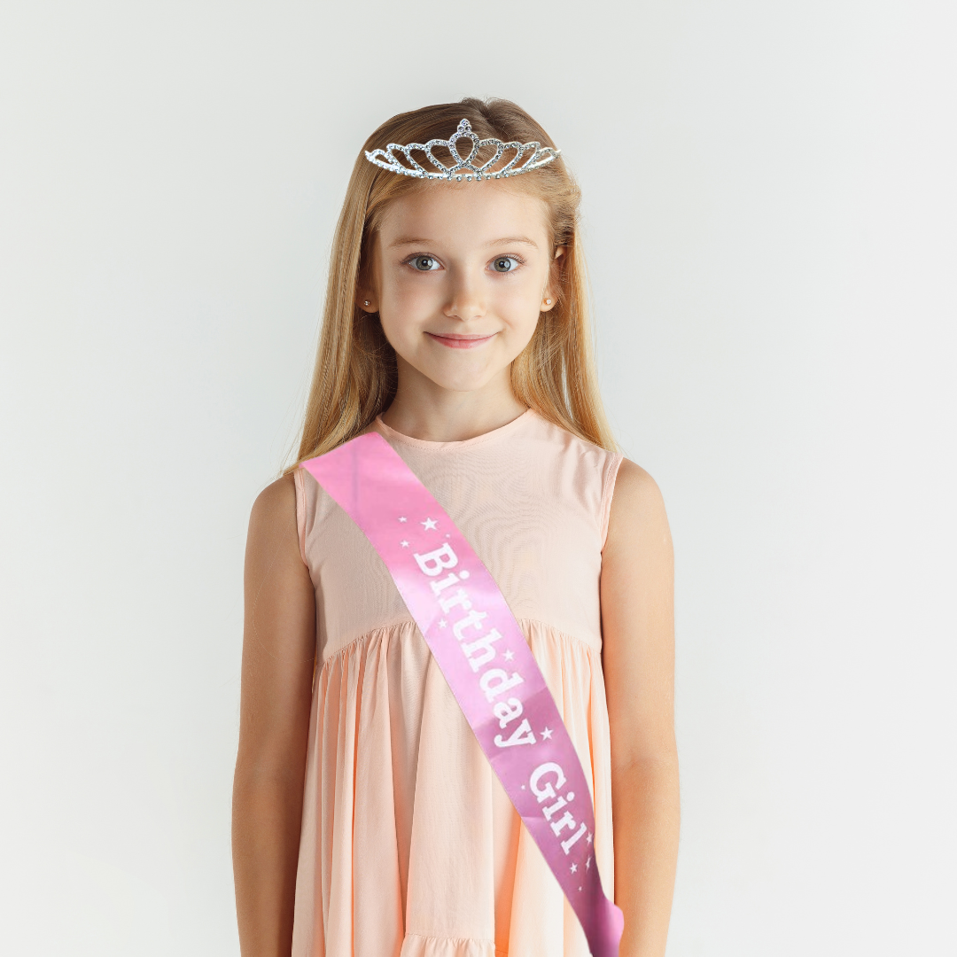 Silver Plated Crystal Tiara Crown With pink Sash For Baby Girls 2 pcs Combo