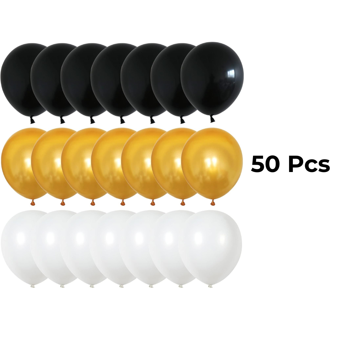 Black White & Gold Latex Balloons – Pack of 50