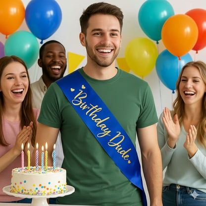 Happy Birthday Dude Metallic Blue Sash w/ Golden Text - 1PC