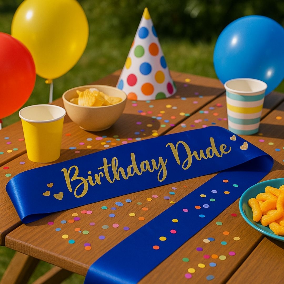 Happy Birthday Dude Metallic Blue Sash w/ Golden Text - 1PC