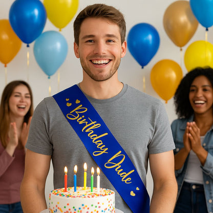 Happy Birthday Dude Metallic Blue Sash w/ Golden Text - 1PC