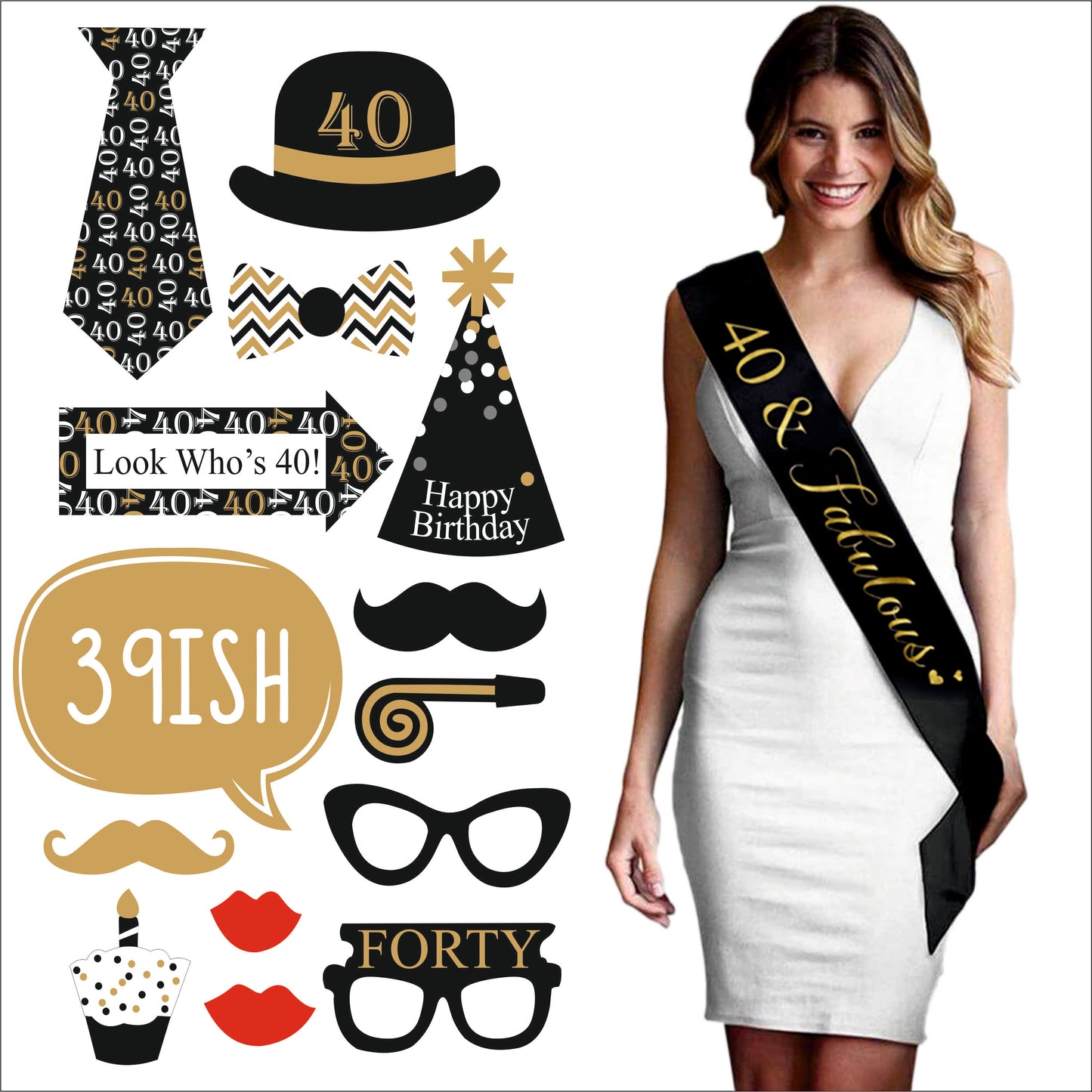40 & Fabulous Black Satin Sash w/ Decor Set - 21PC