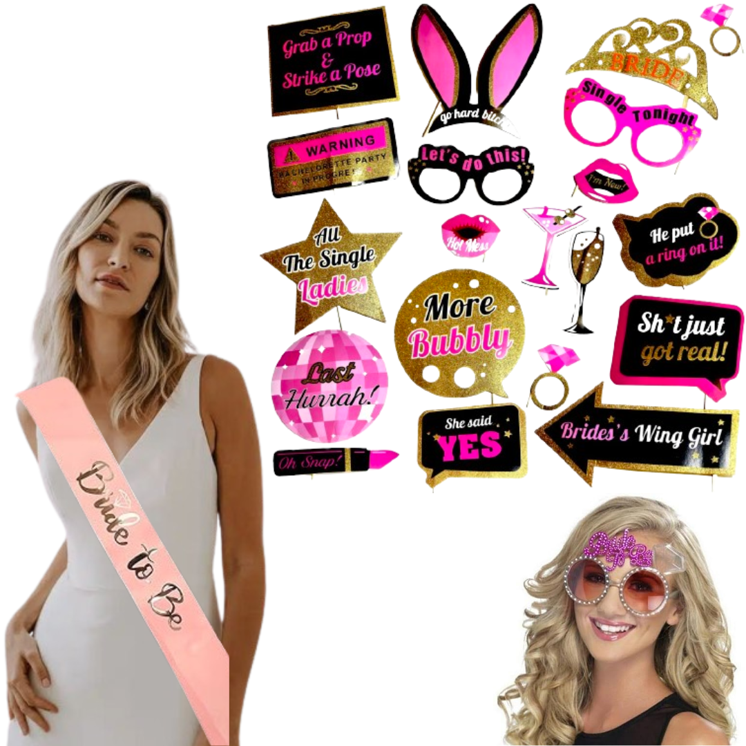 Bride to Be Combo Pack-Sash, Eye Glass &Photo Props