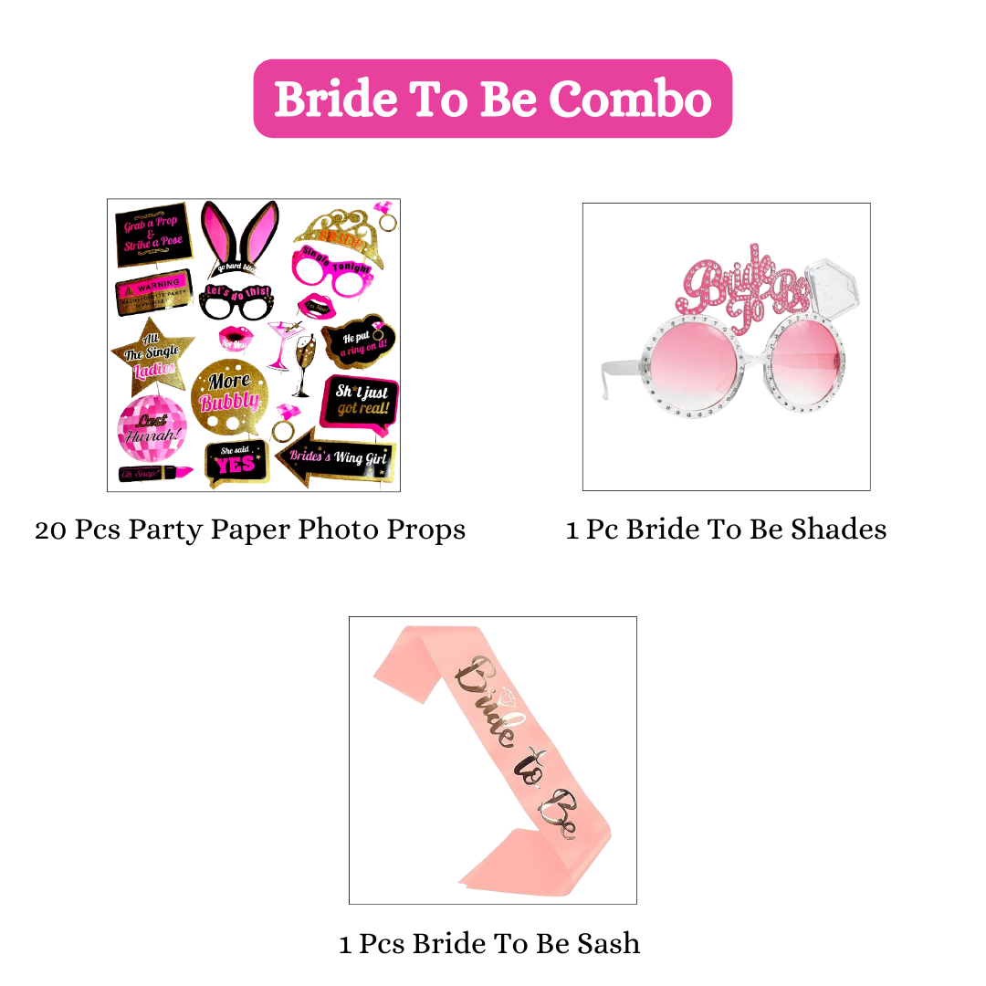 Bride to Be Combo Pack-Sash, Eye Glass &Photo Props