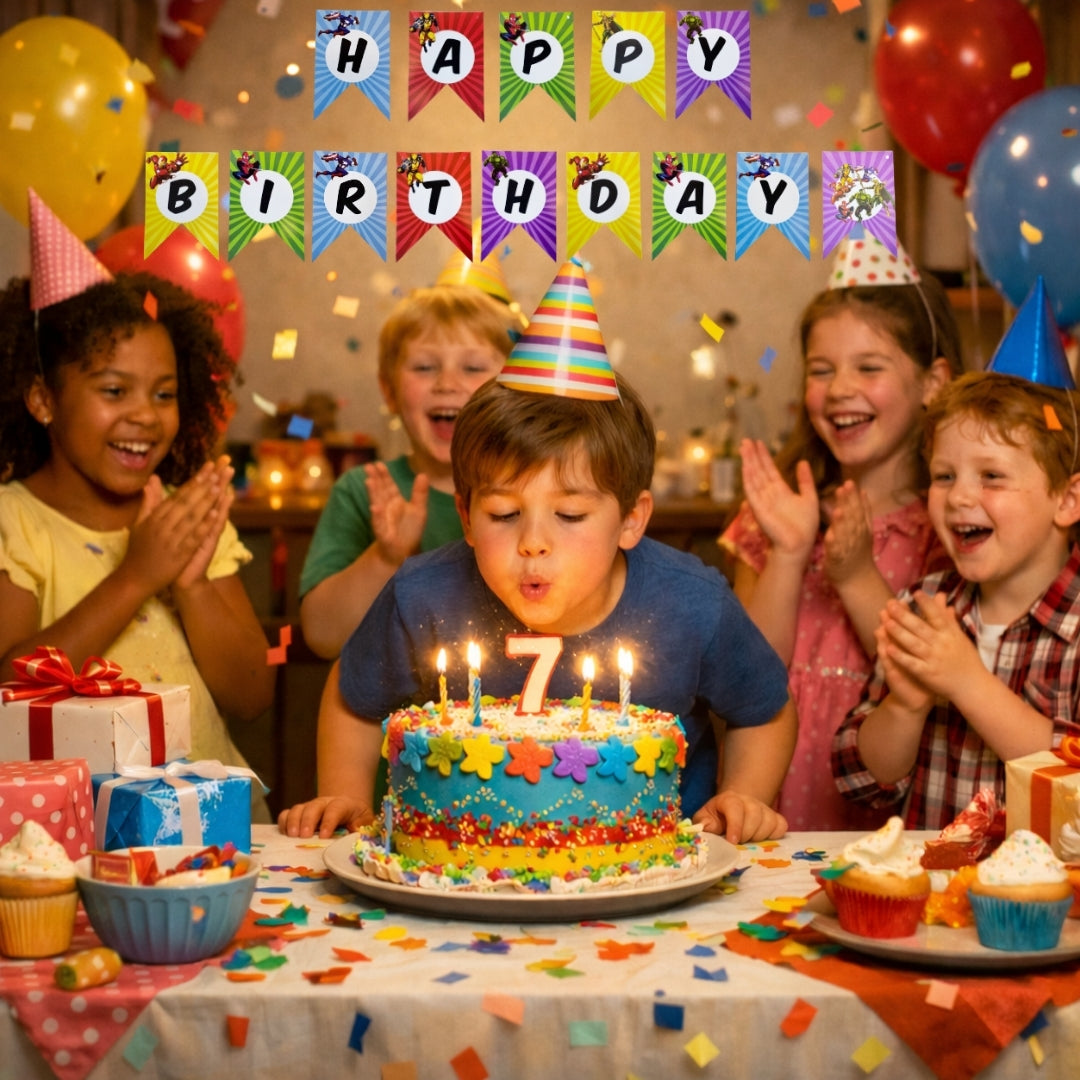 Multicolor SuperHero Happy Birthday Flag Banner - 9FT - 1PC