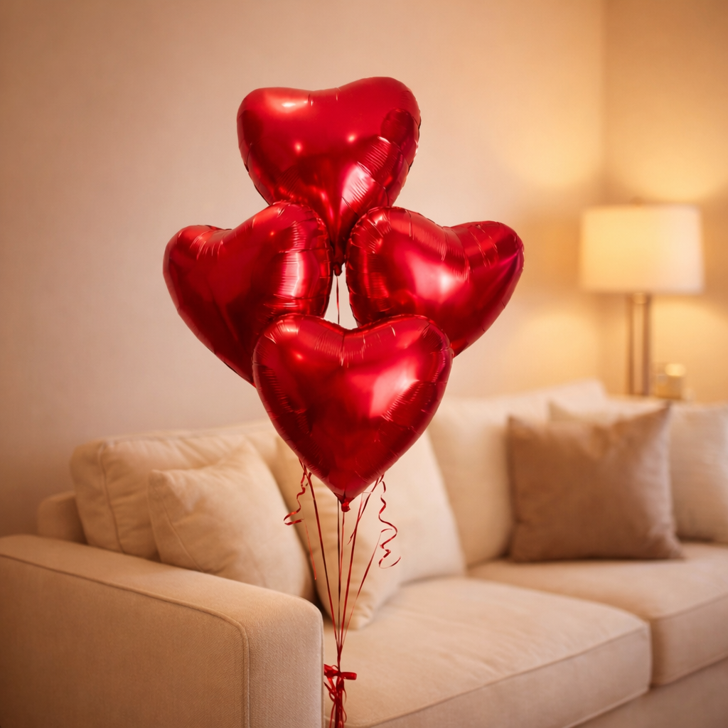 Red Heart Helium Filled Balloon Bouquet – Romantic Party Decoration Set - 4PC