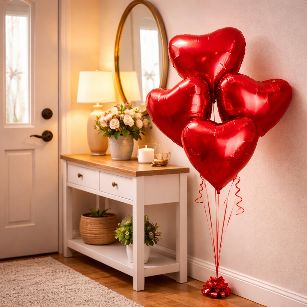 Red Heart Helium Filled Balloon Bouquet – Romantic Party Decoration Set - 4PC