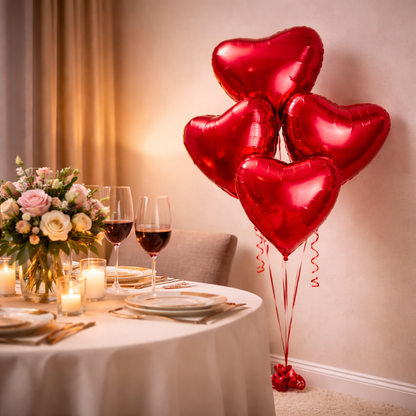 Red Heart Helium Filled Balloon Bouquet – Romantic Party Decoration Set - 4PC