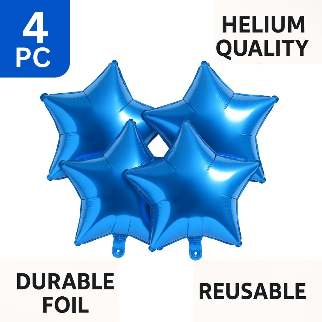 Blue Star Shaped Foil Balloon - Helium Quality  - 18 inches - 4PC
