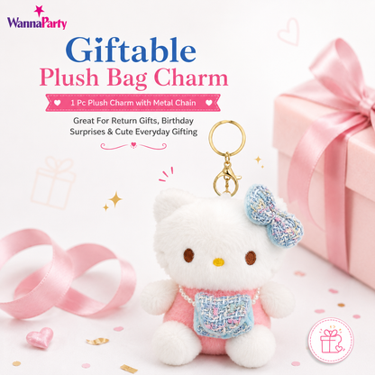 Blue Hello Kitty Plushy Key Chain | Cute Kawaii Blue Cat Plush Keychain | Soft Bag Charm with Blue Bow & Mini Purse, Gold Metal Chain for Backpack, Handbag, Keys, Birthday Return Gift & Party Favor – 1PC